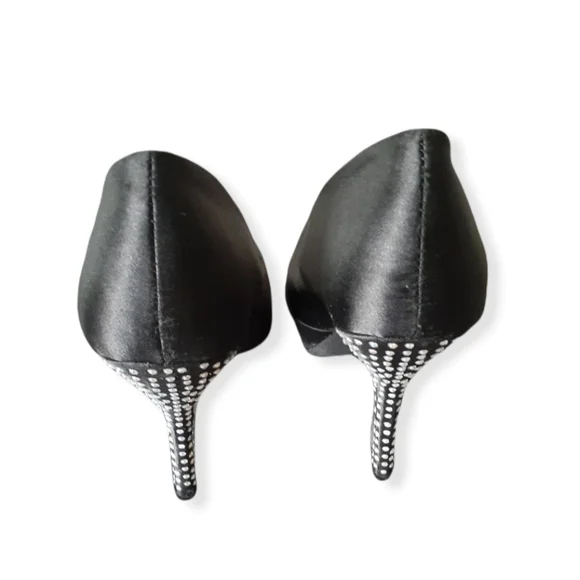 BAMBOO Black Satin Stilettos w/Rhinestone Embellished Heel - Picture 4 of 8